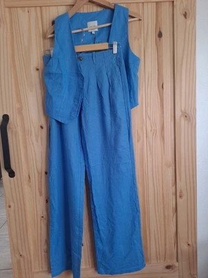 Love Tree Blue Linen Blend Pant Vest Suit Pockets Elastic Waist Wide leg Size S - Image 1 of 4