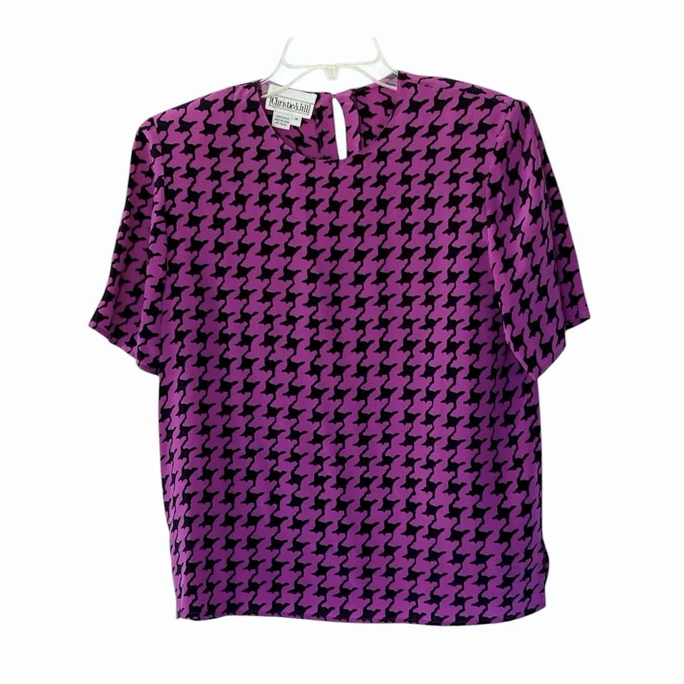 Blusa de seda Christie And Jill talla mediana púrpura negra manga corta top vintage Foto 1 de 4