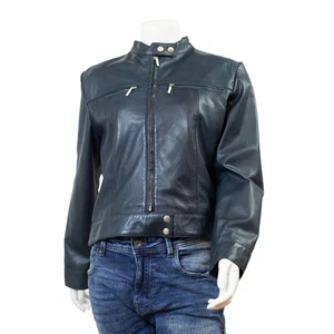 Chaqueta de motociclista bomber calce ceñido de cuero envejecido azul turquesa Feminin Touch para mujer - Imagen 1 de 5