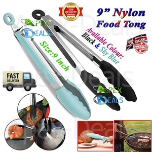 9" Silicone Nylon Tongs Cooking Food Salad Serving BBQ Stainless Steel Handle UK - Picture 1 of 17