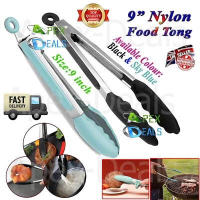 9" Silicone Nylon Tongs Cooking Food Salad Serving BBQ Stainless Steel Handle UK - Image 1 of 3