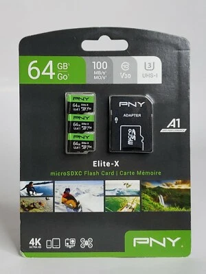 PNY 64GB Elite-X Class 10 U3 V30 microSDXC Flash Memory Card 3 Pack 100MB/s NEW - Image 1 of 2