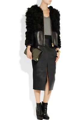 ALEXANDER WANG Black Leather Paneled Stretch Crepe Midi Skirt S NEW - Image 1 of 4