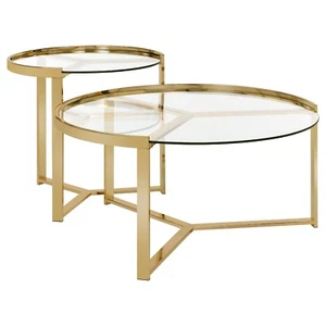 Modern Round Nesting Coffee Table Set Side End Living Room Glass Brass 930251 - Picture 1 of 6