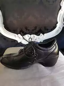 Scarpa donna NERO pelle lacci zeppa tacco basso shoes allacciata stringata 35 - Picture 1 of 4