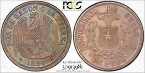 1884 Chile Peso PCGS MS64 silver Conditionally RARE ngc reales Santiago republic - Picture 1 of 3