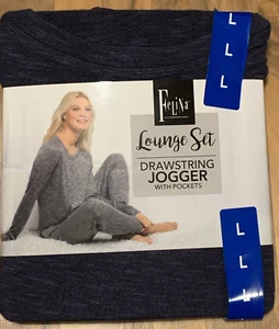 Felina (S or L) Women's Lounge Set 2pc Drawstring Jogger with Pockets, Blue Indi - Picture 1 of 10
