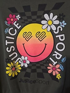 Justice Sport Sweatshirt Smiley Face Large L Girls Smile Green Flowers Shirt - Picture 1 of 5