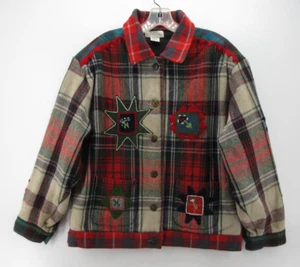 VINTAGE Sandy Starkman Jacket Women Large Red Wool Christmas Applique Art Plaid* - Picture 1 of 11