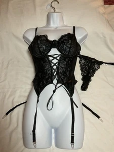 Unbranded Black Lace Bustier Garter Straps Size M Underwire Lace Up - Picture 1 of 8