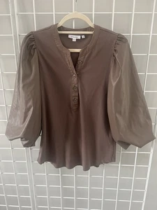 Camisa acanalada Henley tejida con mangas de cuero sintético para mujer Chico talla M marrón - Imagen 1 de 7