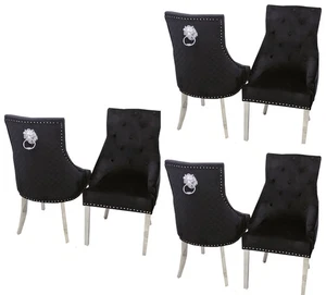 Black Velvet Dining Chairs Set Of 6 Bentley Chrome Legs Lion Knocker - Picture 1 of 9
