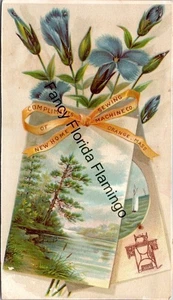 Antique New Home Sewing Machine Trade Card Blue Flowers Lake Scene Orange MA – D - Picture 1 of 2