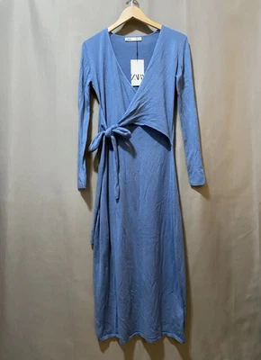 NUEVO CON ETIQUETAS ZARA Mujeres Vestido Tejido Manga Larga Asimétrico Envolvente Corbata Mezcla Lana Talla S Azul Foto 1 de 4