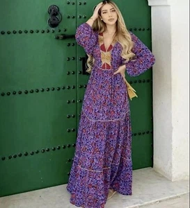 VESTIDO MAXI CAFTÁN CAMILLE ESTAMPADO FLORAL BORDADO LILA MORADO ZARA TALLA S 10 - Imagen 1 de 6