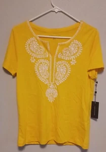 TOMMY HILFIGER Women's Sunflower Cotton Caftan Split-Neck T-Shirt Small NWT - Picture 1 of 9