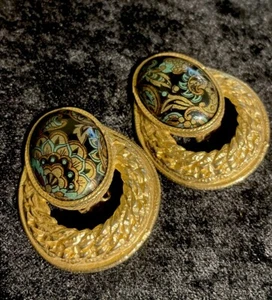 Vintage seltene große Schulter-Tropfen Gold Türschnalle handbemalt Emaille Ohrringe 1,5 - Bild 1 von 6