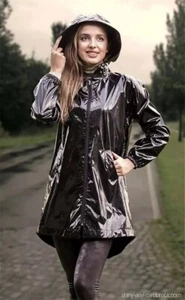 Women PVC Shiny Leather Hooded Light Weighted Raincoat Stylish Trench Long Coats - Picture 1 of 2