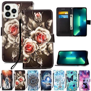 Luxury Leather Flower Sea Cat Panda Wallet Cover Case For 14 15 13 12 11 Pro Max - Picture 1 of 25