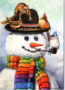 SNOWMAN BIRDS JOY CAMPBELL ART Leanin Tree Christmas Greeting Card Envelope MG64 - Picture 1 of 3