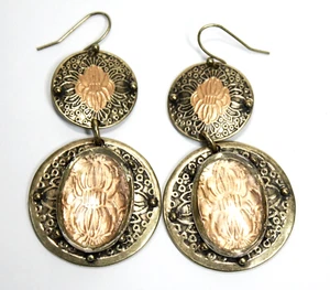 CHICO'S Dangling Earrings Brass Tone Peach Enamel Clear Faceted Acrylic ~ Ornate - Picture 1 of 7