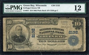 1902 Green Bay WI Kellogg Citizen National Bank $10 PMG F12 - Picture 1 of 4