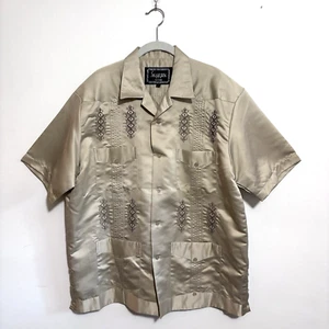 Saxifon USA Guayabera Satin Shirt Tan Short Sleeve Embroidered Wedding Sz Large - Picture 1 of 11