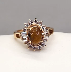 Tigers Eye Ring Oval Stone Rhinestones Gold Tone Sz 6.5 - Picture 1 of 8