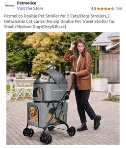 Double Pet Stroller for 2 Dogs or Cats w/ 2 Detachable Carriers Safety Belt Gray - Picture 1 of 6