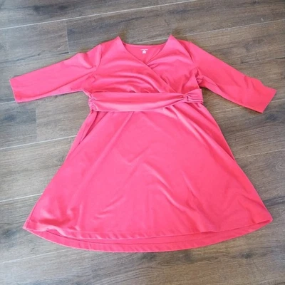 Vestido Lands' End plus size 1X 16W-18W envoltório falso manga 3/4 Natal vermelho Leia - Imagem 1 de 4