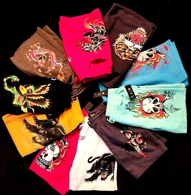Shorts moletom Ed Hardy tatuagem de lã caveira, cobra, pantera, tigre, águia, dragão - Imagem 1 de 4