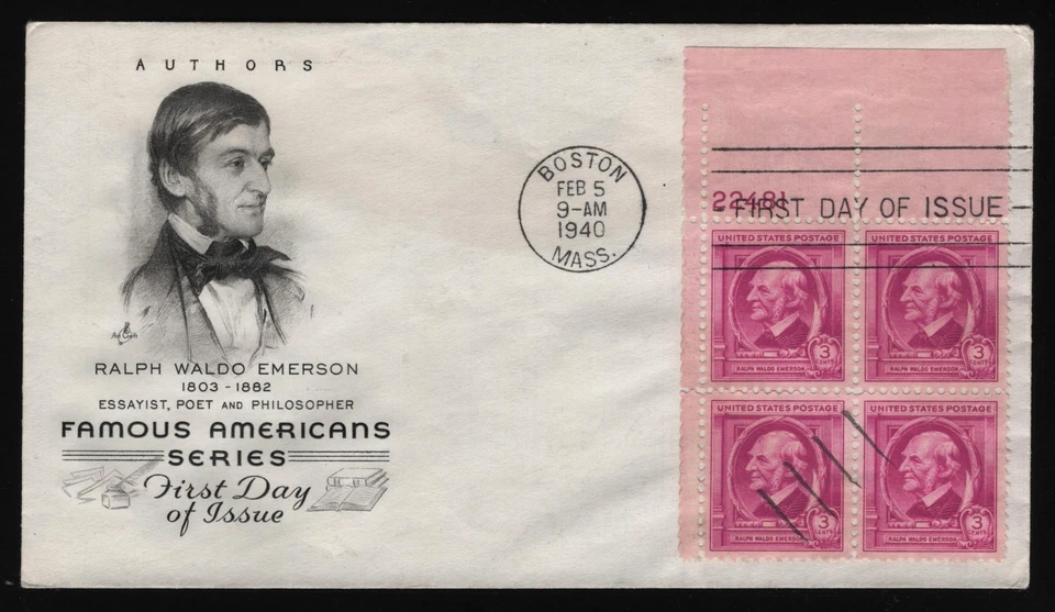 #861 3c Ralph Waldo Emerson-Plate Block, Art Craft **ANY 5=FREE SHIPPING** - Image 1 of 1