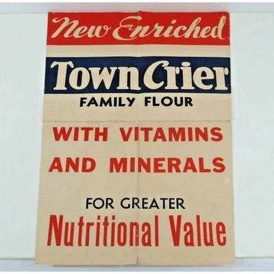 Town Crier Family Flour Sign VTG Paper New Enriched 1930s 40s Folded Two Sided - Image 1 of 4