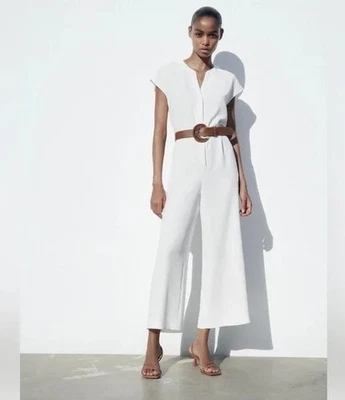 NUEVO CON ETIQUETAS ZARA Mono Pierna Ancha Cinturón Blanco Oyster Talla L Foto 1 de 4