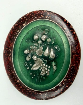 VTG Bergamot Brass Works 1974 Belt Buckle Fruit Green & Brown Enamel 2.5" X 2.75 - Image 1 of 4