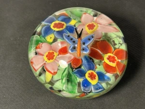 Vintage Glass Paperweight Butterfly Flowers 3”  - Picture 1 of 8