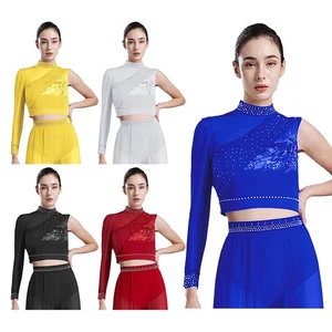 Womens Dancewear Open Back Crop Tops Contemporary T-shirt Clothing Asymmetrical - Picture 1 of 72