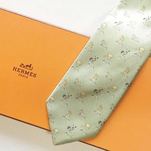 HERMES Men's Light Green 100% Silk H-Pattern Necktie with Sheep Chicken & Rabbit - Picture 1 of 11