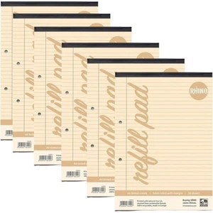 RHINO A4 Refill Pad - Cream Paper - 8mm Lined + Margin 100 Pages x 6 Pad's - Picture 1 of 9