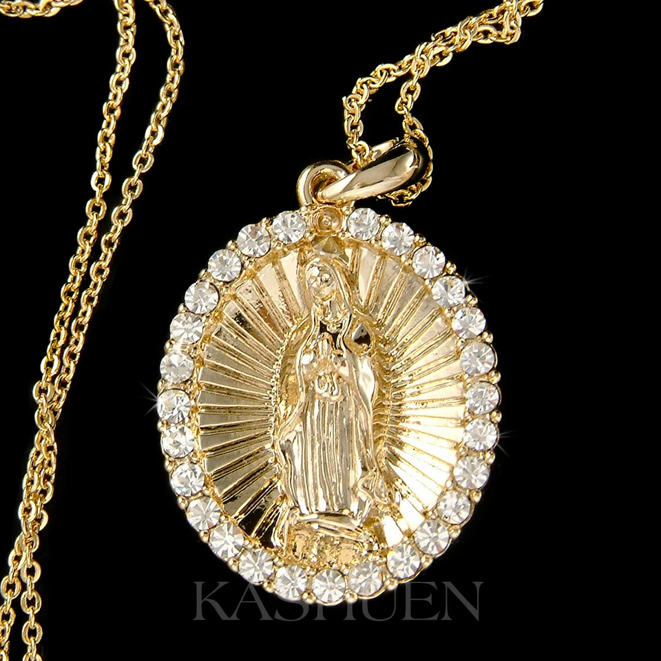 Virgin Mary made with Swarovski Crystal Religious Gold Tone Necklace Jewelry New - Image 1 of 1