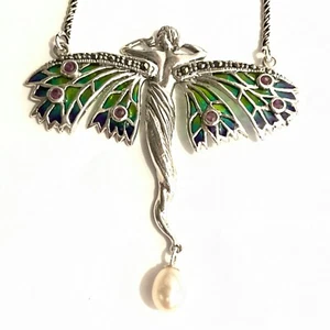 Sterling Silver Plique a Jour Ruby Pearl Angel Goddess Christmas Fairy Necklace - Picture 1 of 7