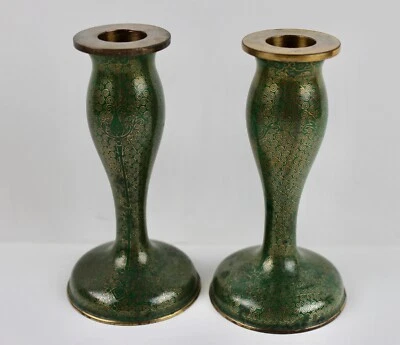 Par de candelabros chinos de cobre verde cloisonne estilo LaoTianLi pergaminos 5" de alto Foto 1 de 4