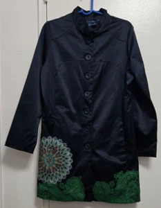 Desigual Women Sz 46 Button Front Long Over Coat Jacket Navy Blue Flower Paisley - Picture 1 of 22