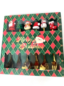 Christmas Serving Ware Gift Set Gold Tone Santa Tree Snowman +Tid bit Forks Spoo - Picture 1 of 7