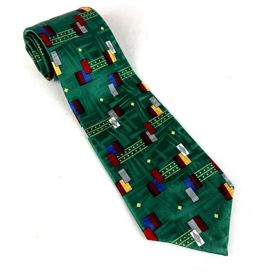 Corbata Adolfo Couture Para Hombre Verde Multi Patrón Geométrico 100% Seda Hecha en EE. UU. Foto 1 de 4