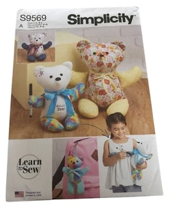 Simplicity Sewing Pattern S9569 Kids Learn To Sew Plush Memory Bears Teddy Toy - Picture 1 of 6