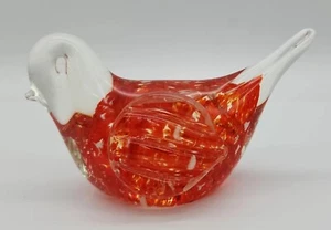 Art Glass Bird Figurine Paperweight Clear Orange White Spotted Body Smooth Base - Picture 1 of 7