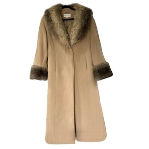 🧥 ALBERT NIPON Vintage Camel Wool Swing Coat Sz 10 Faux Fur Trim Old Money - Picture 1 of 14