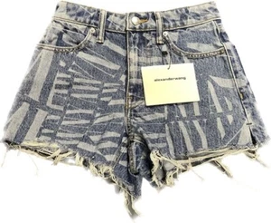ALEXANDER WANG Bite LOGO Print Denim Shorts Medium Wash Indigo Size 23 NEW W/TAG - Picture 1 of 5
