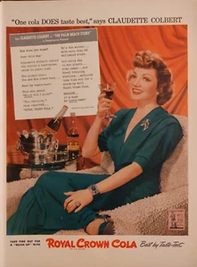 1942 Vintage Royal Crown Cola Claudette Colbert Print Ad. WW2 Ära - Bild 1 von 1